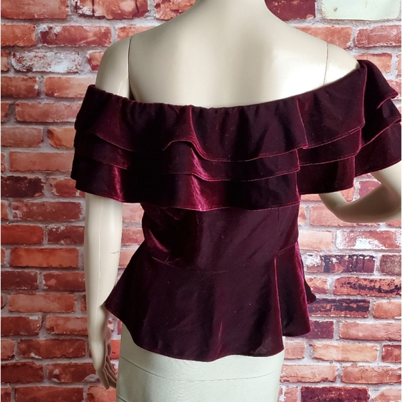 Aqua Red Velvet Ruffled Off Shoulder Top Medium - Picture 3 of 4